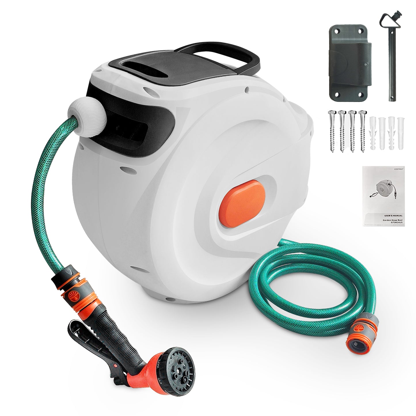 Garden Hose Reel Wall Mounted, Hose Pipe 8 in 1 Nozzle Retractable Hose Reel for Garden