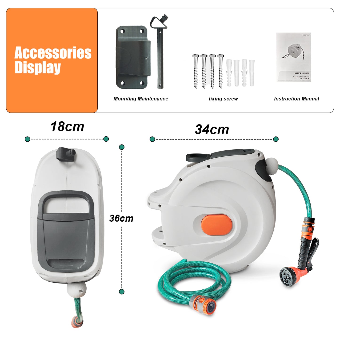 Garden Hose Reel Wall Mounted, Hose Pipe 8 in 1 Nozzle Retractable Hose Reel for Garden