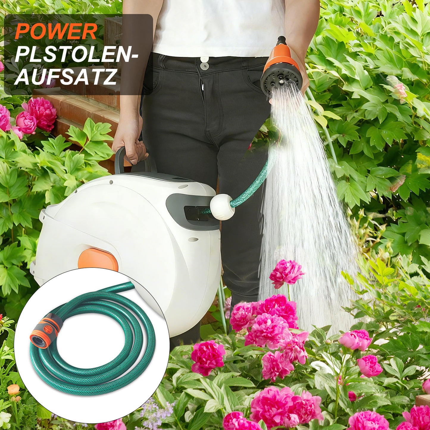 Garden Hose Reel Wall Mounted, Hose Pipe 8 in 1 Nozzle Retractable Hose Reel for Garden