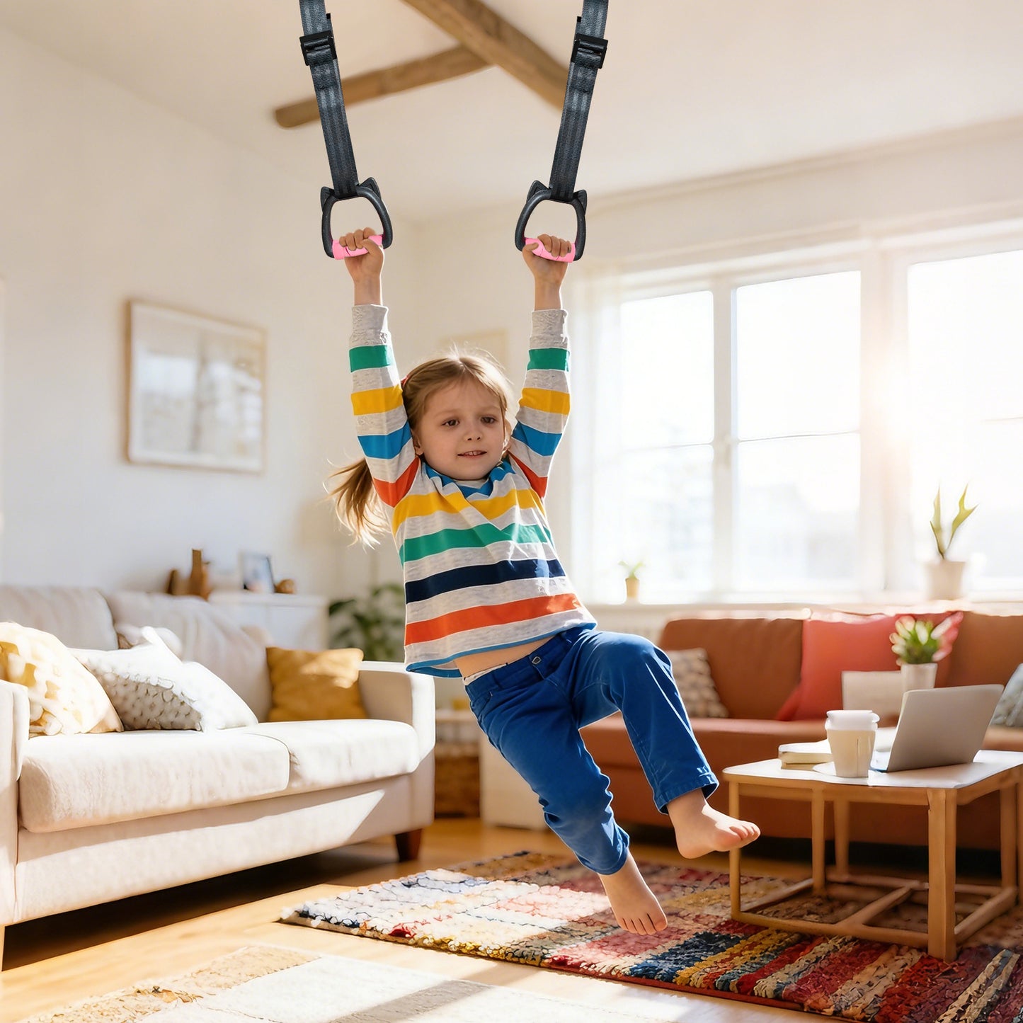 Kids Gymnastics Rings with Adjustable Straps, Indoor Home Strength Training Pull-Up Rings for Children Physical Exercise, 220lb Load Bearing, Length 1 Meter