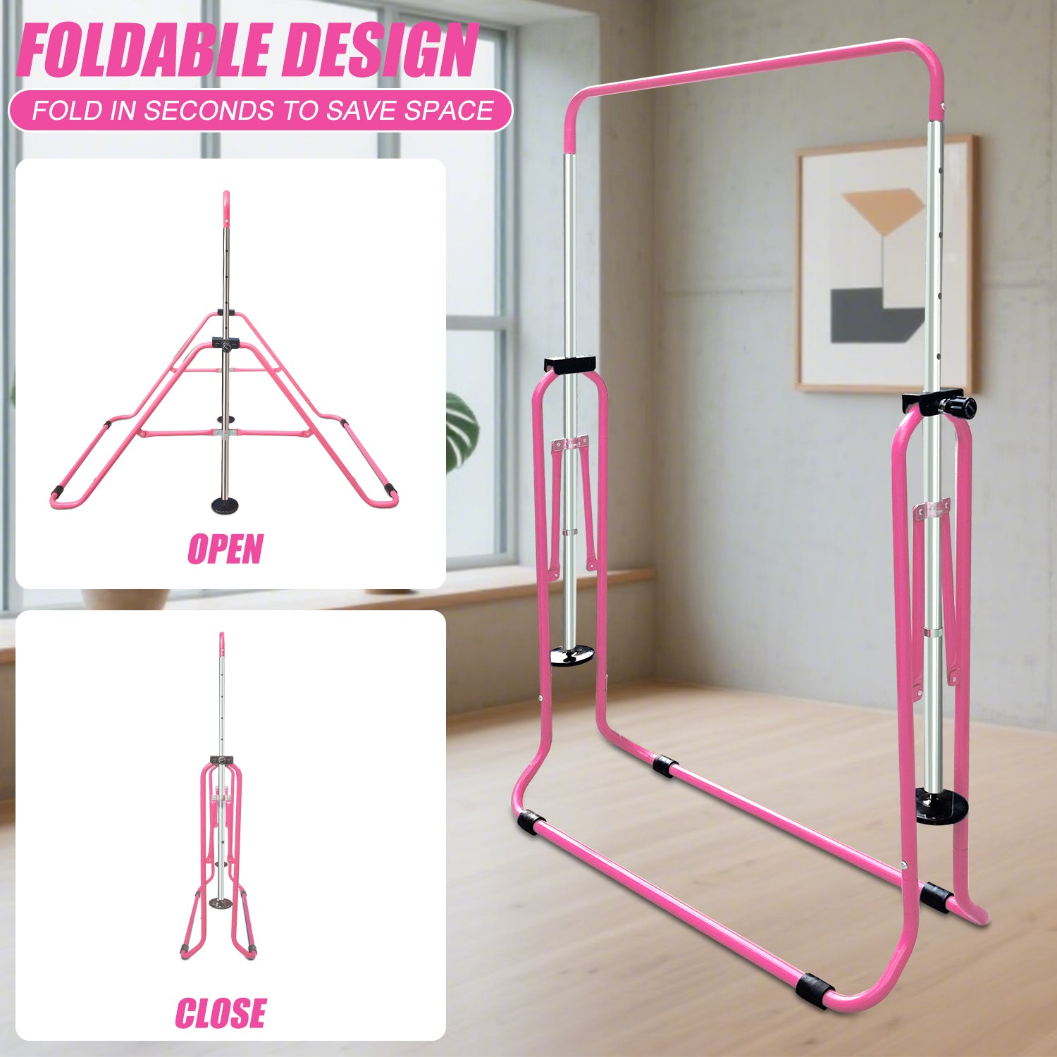 Triclicks Folding Gymnastics Bar for Kids, Adjustable Height Junior Training Kip Bar, Home Expandable Horizontal Gymnastic Monkey Bars Equipment for Child, Girls, Boys