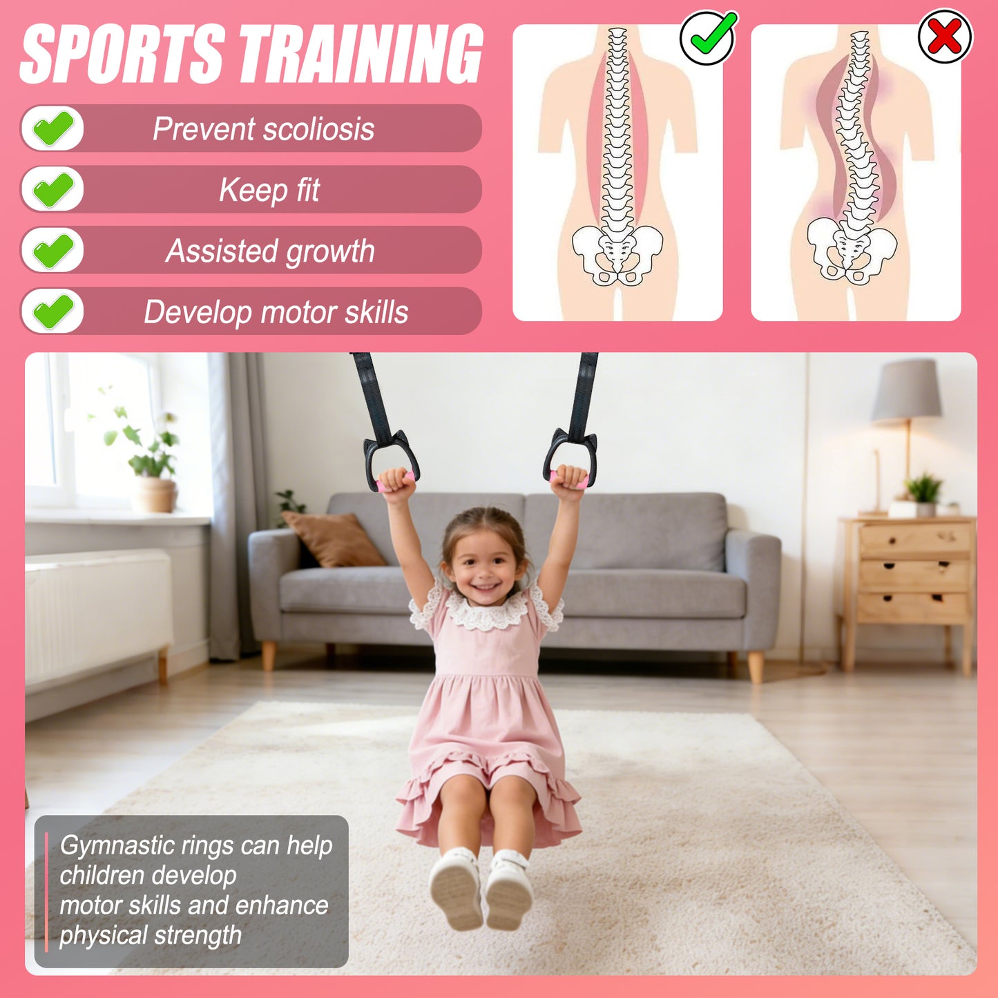 Kids Gymnastics Rings with Adjustable Straps, Indoor Home Strength Training Pull-Up Rings for Children Physical Exercise, 220lb Load Bearing, Length 1 Meter