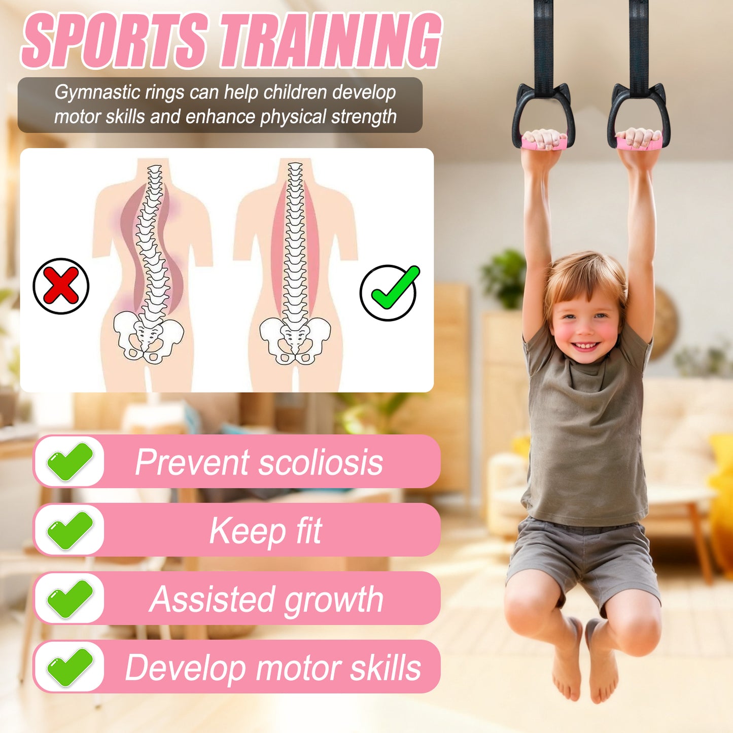 Triclicks Gymnastics Rings, Kids Home Gym Equipment with Adjustable Straps 2 Meter