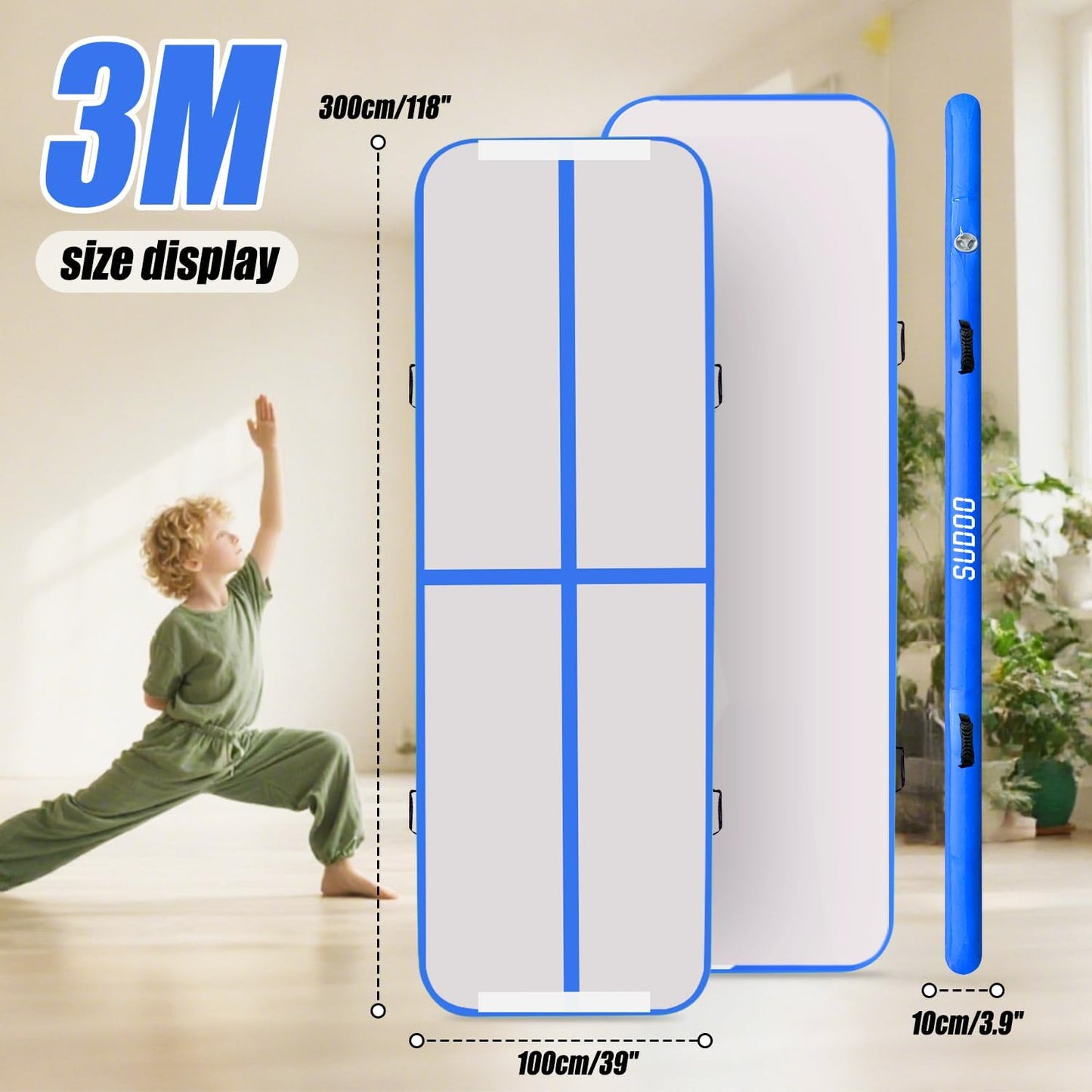 10ft/13ft/16ft Inflatable Gymnastics Tumbling Mat 4" Thick Air Tumble Track Training Mat with Electric Pump