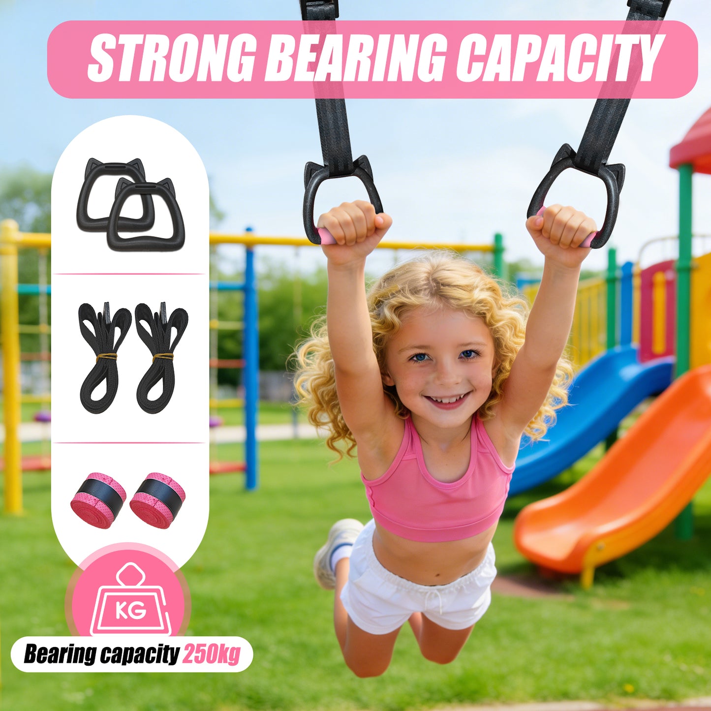 Kids Gymnastics Rings with Adjustable Straps, Indoor Home Strength Training Pull-Up Rings for Children Physical Exercise, 220lb Load Bearing, Length 1 Meter