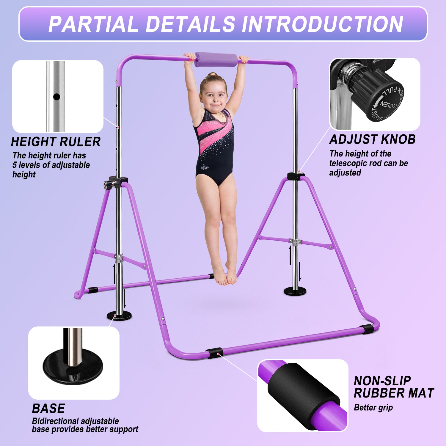 SUDOO Folding Gymnastics Bar for Kids Adjustable Height Home Expandable Horizontal Gymnastic