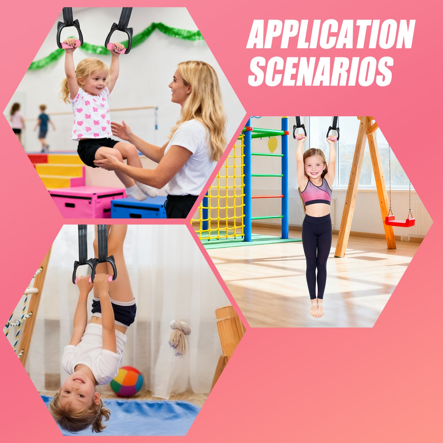 Kids Gymnastics Rings with Adjustable Straps, Indoor Home Strength Training Pull-Up Rings for Children Physical Exercise, 220lb Load Bearing, Length 1 Meter