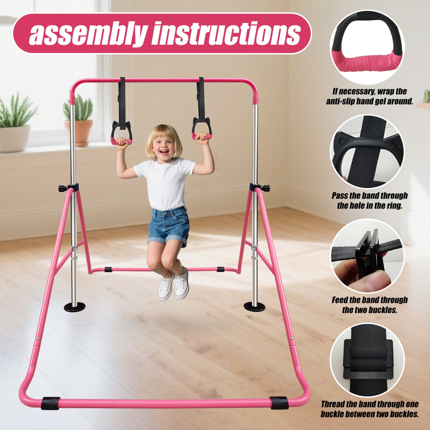 Triclicks Folding Gymnastics Bar for Kids, Adjustable Height Junior Training Kip Bar, Home Expandable Horizontal Gymnastic Monkey Bars Equipment for Child, Girls, Boys