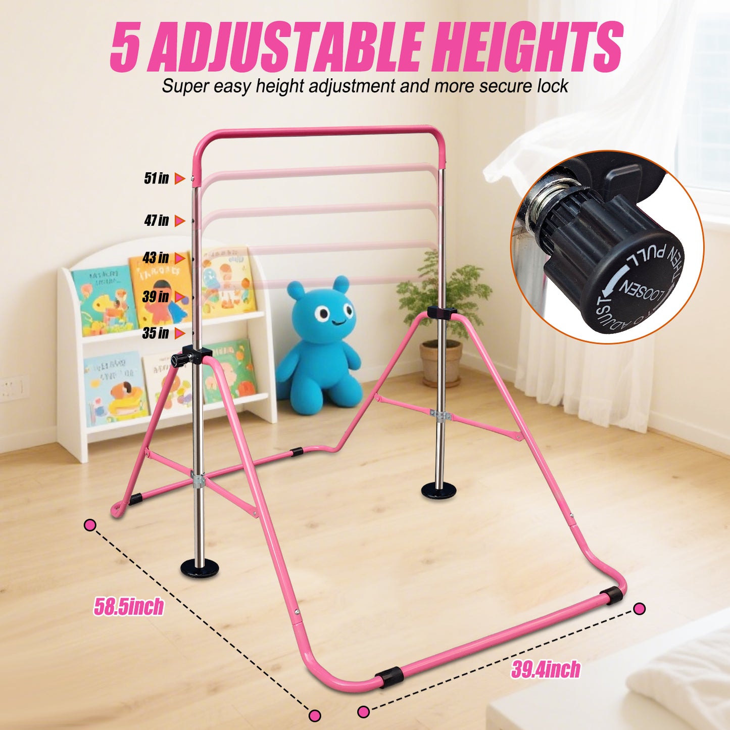 Triclicks Folding Gymnastics Bar for Kids, Adjustable Height Junior Training Kip Bar, Home Expandable Horizontal Gymnastic Monkey Bars Equipment for Child, Girls, Boys