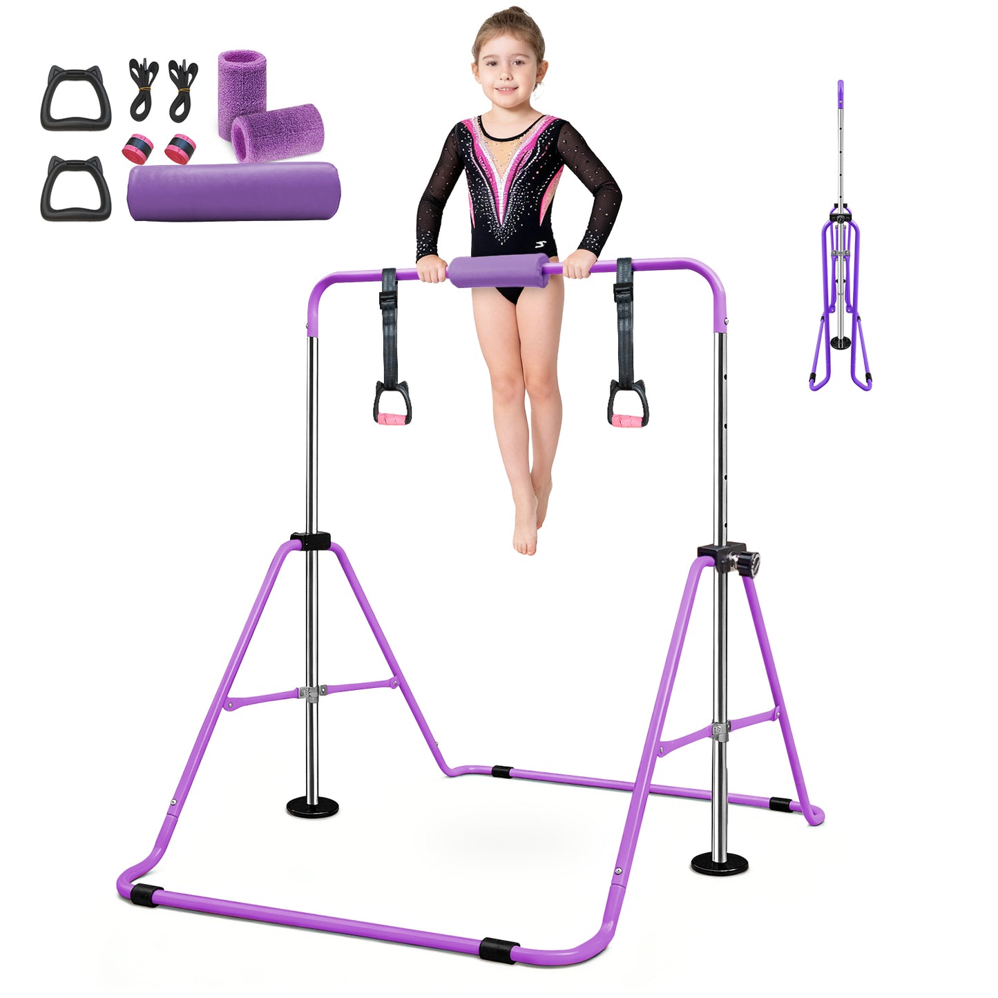 SUDOO Folding Gymnastics Bar for Kids Adjustable Height Home Expandable Horizontal Gymnastic