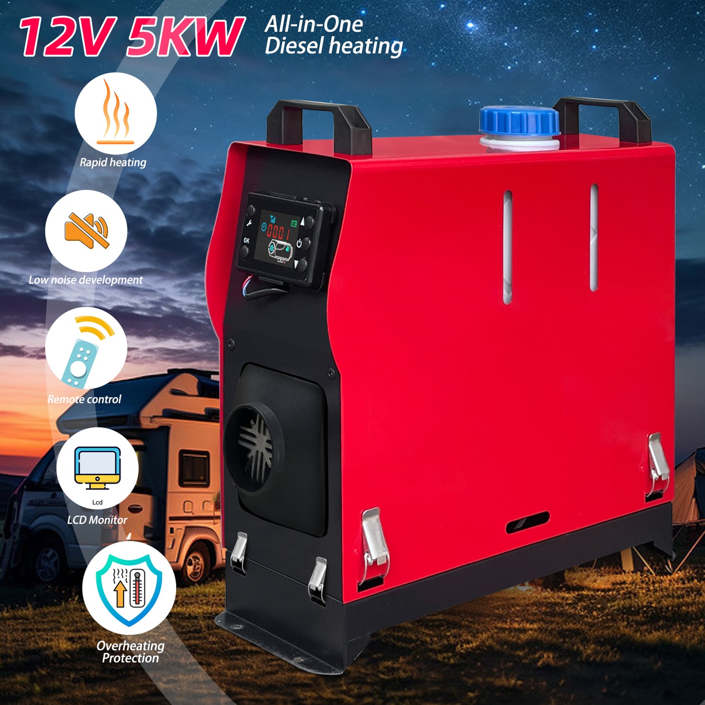 Triclicks Diesel Air Heater All in One 12V 5KW Parking Heater Diesel Night Heater with LCD Display Remote Control 5L Tank For Truck, Boat, Car Trailer, Motorhomes, Campervans, Caravas