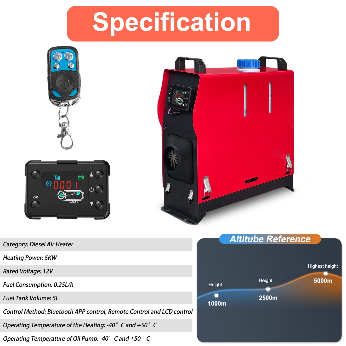 Triclicks Diesel Air Heater All in One 12V 5KW Parking Heater Diesel Night Heater with LCD Display Remote Control 5L Tank For Truck, Boat, Car Trailer, Motorhomes, Campervans, Caravas