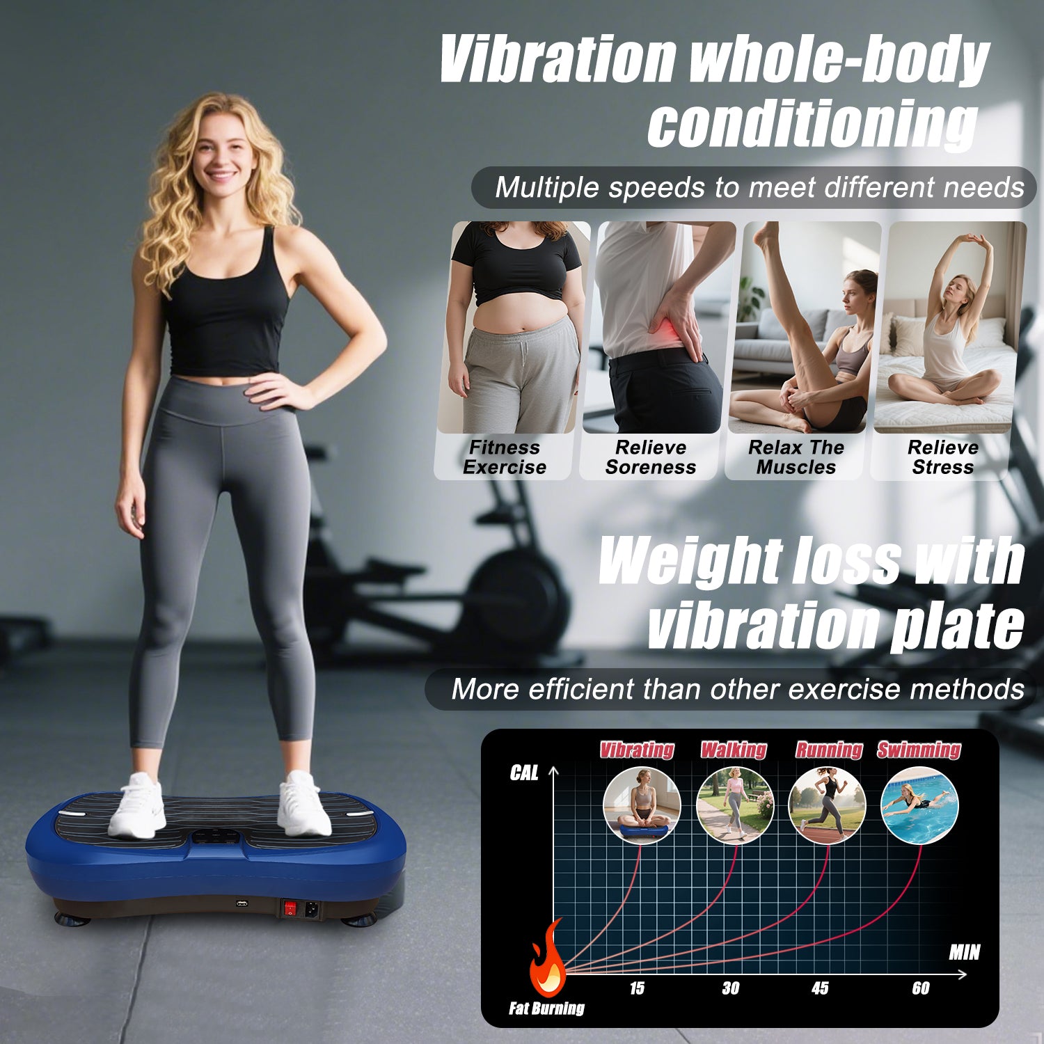 Triclicks Vibration Plate Exercise Machine Vibration Platform Machine for Home Fitness Training, Full Body Workout Equipment Ultra Slim Power Trainer w/ Bluetooth Speaker & 2 Loop Bands