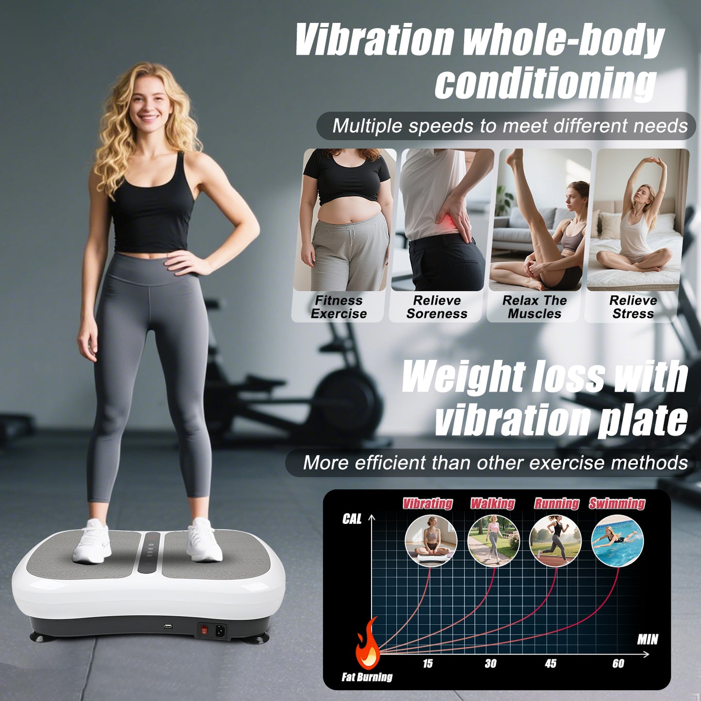 Triclicks Vibration Plate Exercise Machine for Home Fitness - Whole Body Workout Vibration Fitness Trainer Machine for Weight Loss and Shaping with Bluetooth Speaker & 2 Resistance Bands