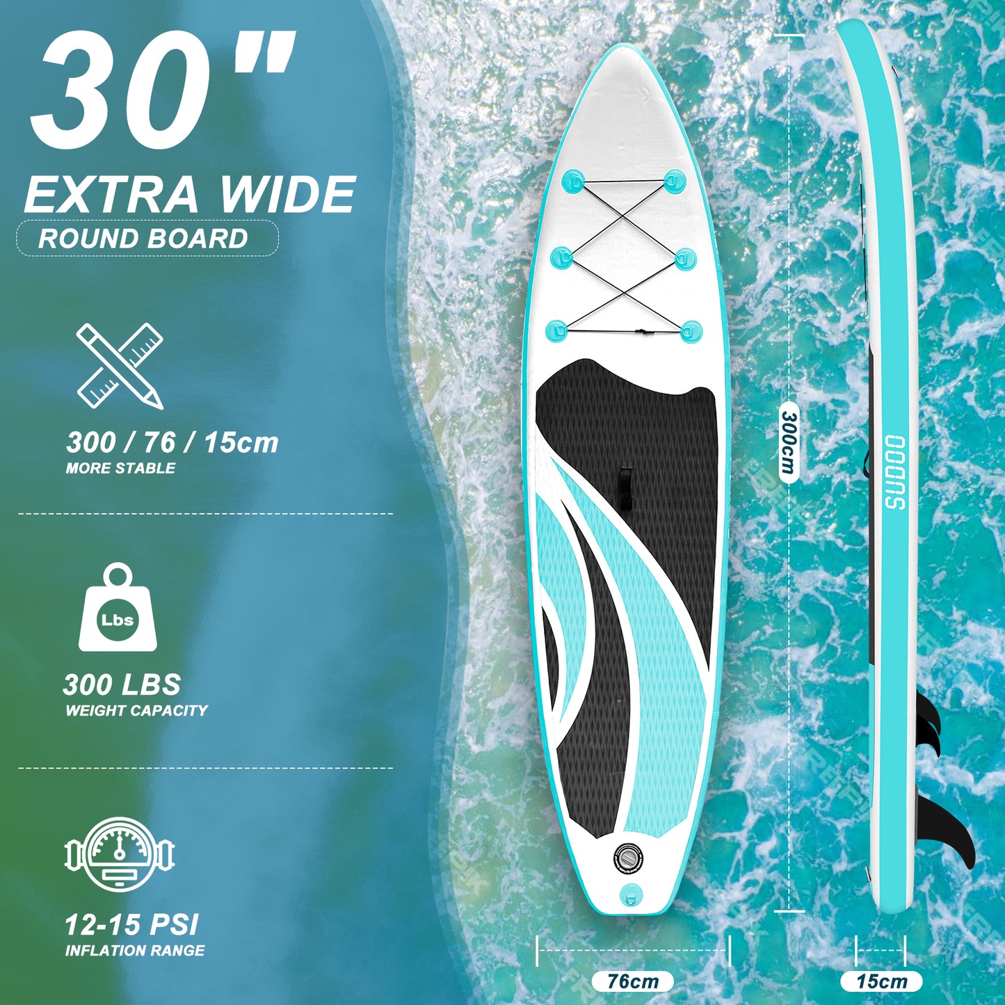 Sudoo All-Round 10' Inflatable Stand Up Paddle Board10'x30"- Ultra-Light SUP with Backpack, Pump, Paddle, Coil Leash, 3 Fins, Repair Kit, Stable Design, Non-Slip EVA Deck for Adults & Youth