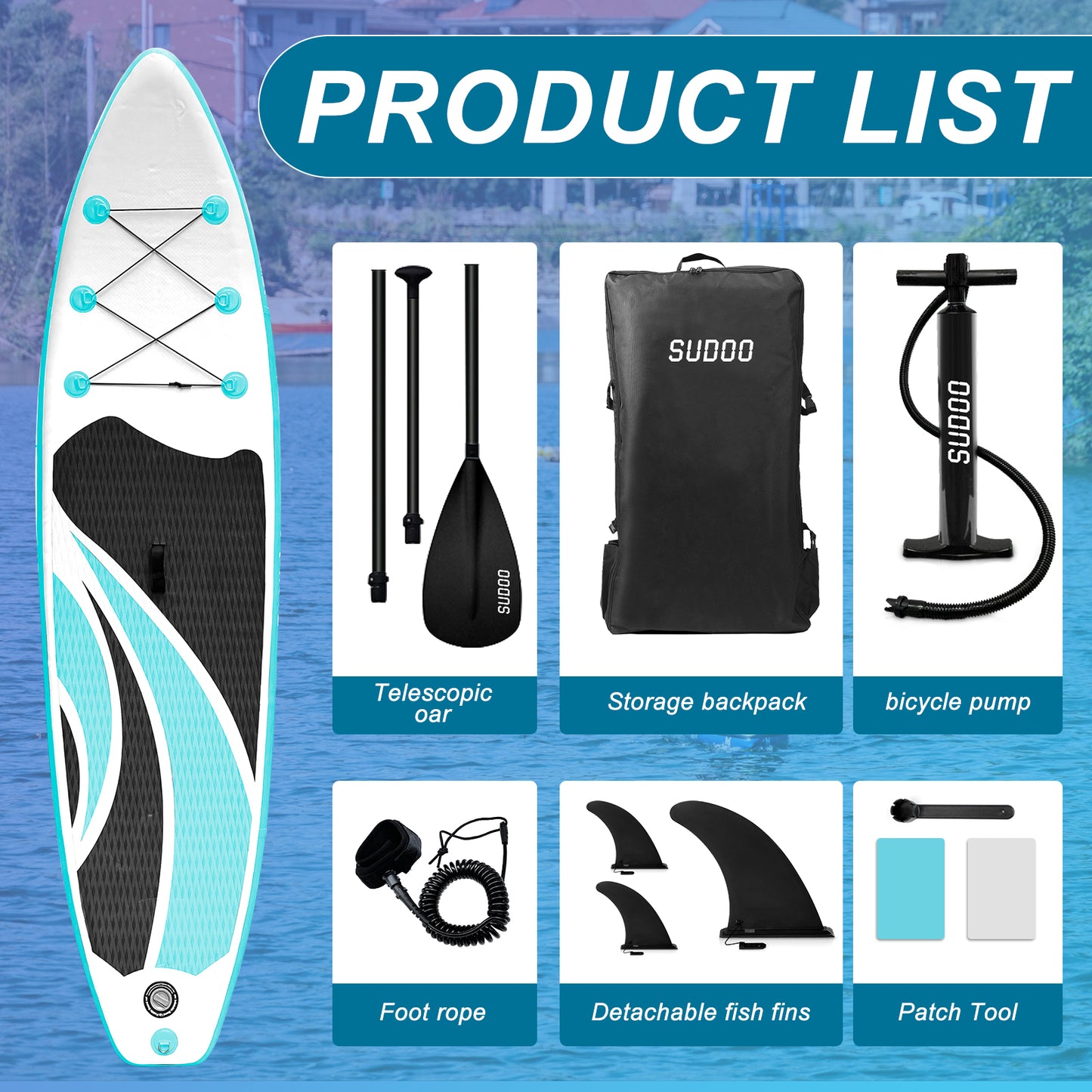 Sudoo All-Round 10' Inflatable Stand Up Paddle Board10'x30"- Ultra-Light SUP with Backpack, Pump, Paddle, Coil Leash, 3 Fins, Repair Kit, Stable Design, Non-Slip EVA Deck for Adults & Youth