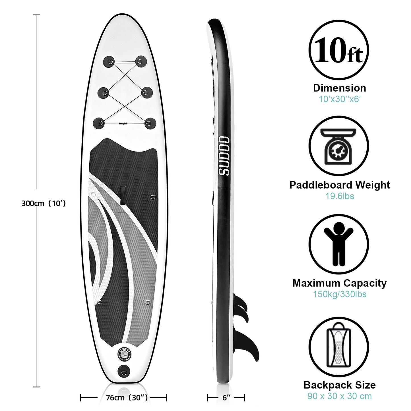 Sudoo All-Round 10' Inflatable Stand Up Paddle Board10'x30"- Ultra-Light SUP with Backpack, Pump, Paddle, Coil Leash, 3 Fins, Repair Kit, Stable Design, Non-Slip EVA Deck for Adults & Youth