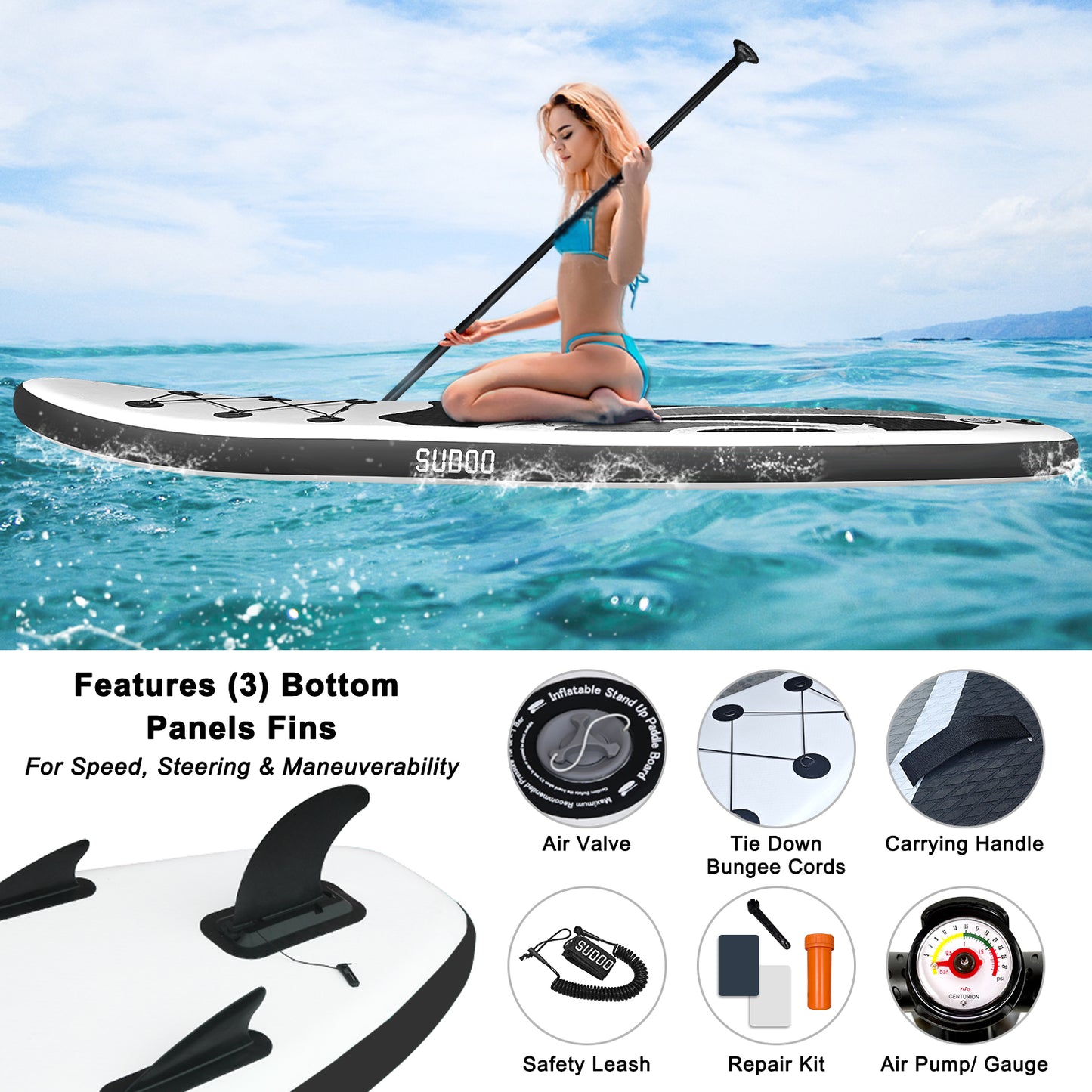 Sudoo All-Round 10' Inflatable Stand Up Paddle Board10'x30"- Ultra-Light SUP with Backpack, Pump, Paddle, Coil Leash, 3 Fins, Repair Kit, Stable Design, Non-Slip EVA Deck for Adults & Youth
