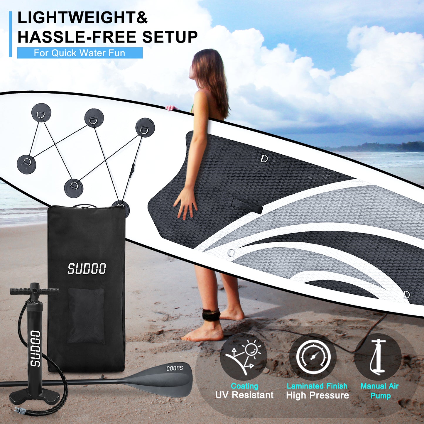 Sudoo All-Round 10' Inflatable Stand Up Paddle Board10'x30"- Ultra-Light SUP with Backpack, Pump, Paddle, Coil Leash, 3 Fins, Repair Kit, Stable Design, Non-Slip EVA Deck for Adults & Youth