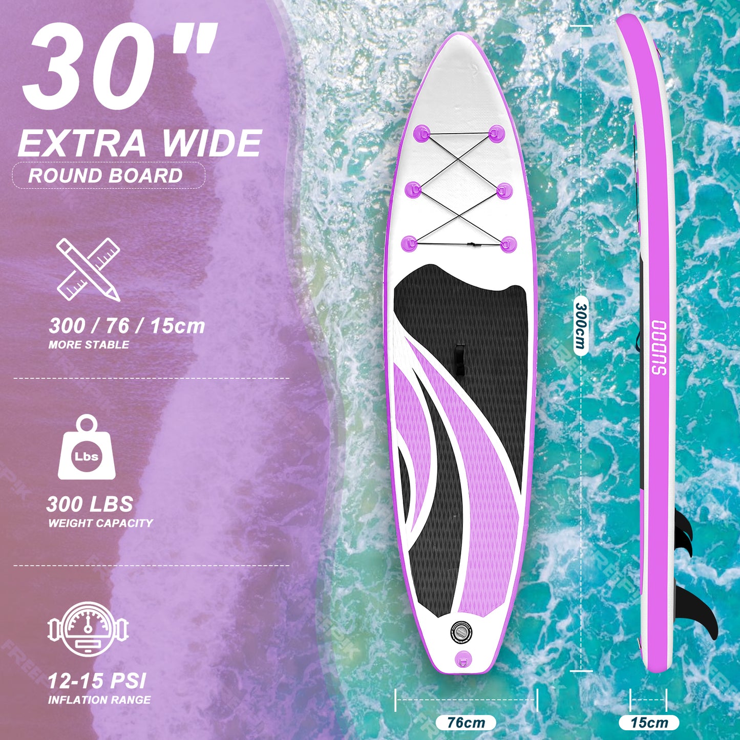 Sudoo All-Round 10' Inflatable Stand Up Paddle Board10'x30"- Ultra-Light SUP with Backpack, Pump, Paddle, Coil Leash, 3 Fins, Repair Kit, Stable Design, Non-Slip EVA Deck for Adults & Youth