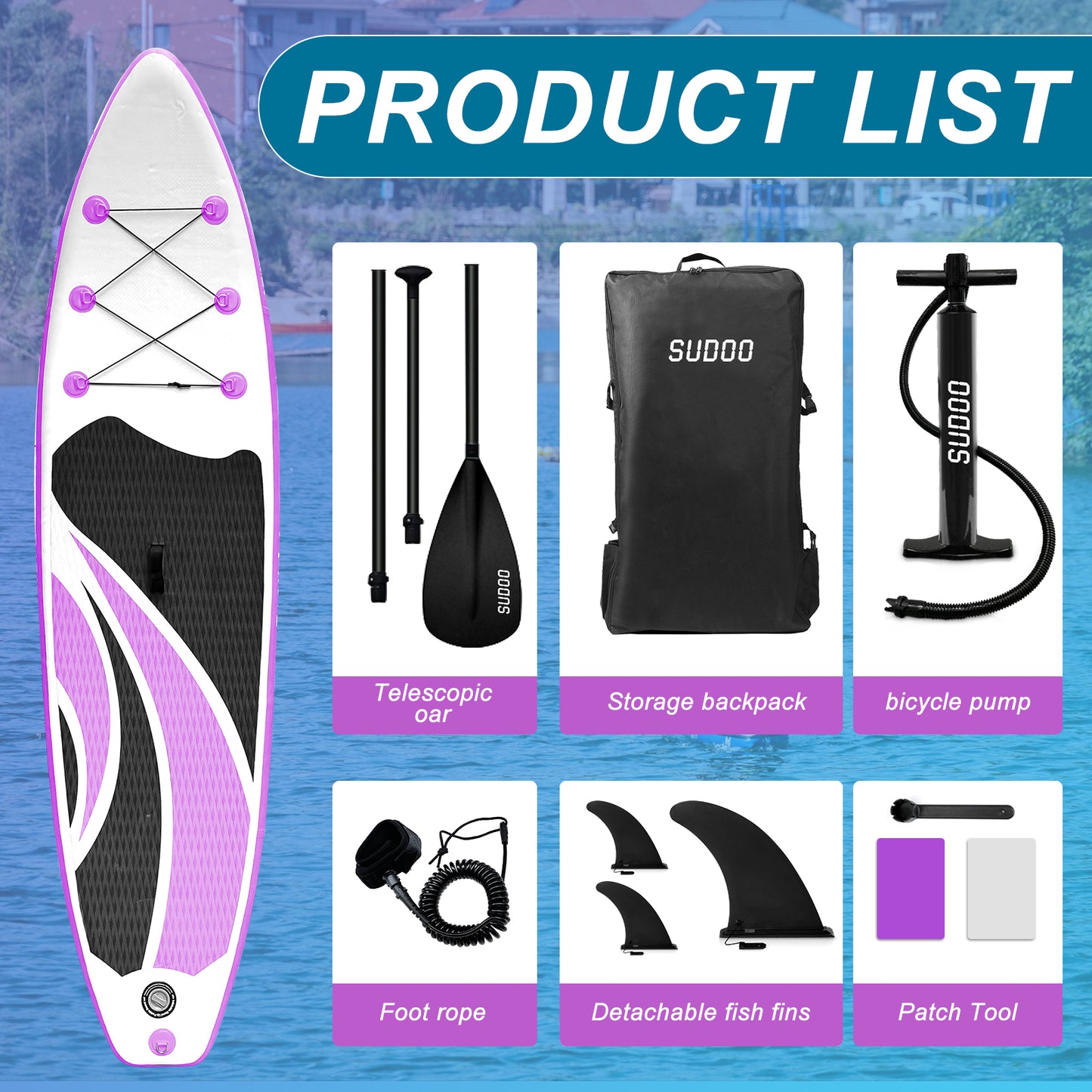 Sudoo All-Round 10' Inflatable Stand Up Paddle Board10'x30"- Ultra-Light SUP with Backpack, Pump, Paddle, Coil Leash, 3 Fins, Repair Kit, Stable Design, Non-Slip EVA Deck for Adults & Youth