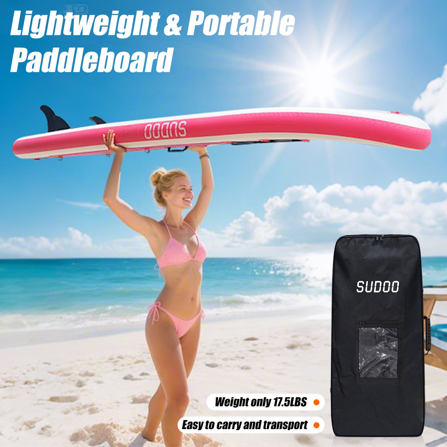 Sudoo All-Round 10' Inflatable Stand Up Paddle Board10'x30"- Ultra-Light SUP with Backpack, Pump, Paddle, Coil Leash, 3 Fins, Repair Kit, Stable Design, Non-Slip EVA Deck for Adults & Youth