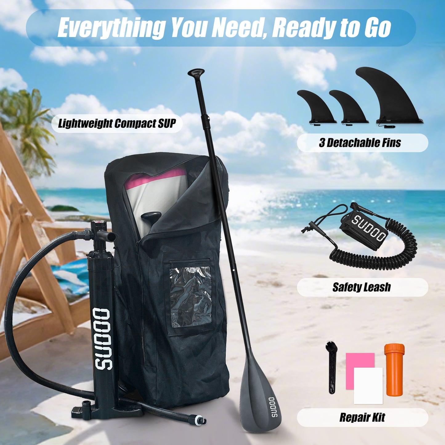 Sudoo All-Round 10' Inflatable Stand Up Paddle Board10'x30"- Ultra-Light SUP with Backpack, Pump, Paddle, Coil Leash, 3 Fins, Repair Kit, Stable Design, Non-Slip EVA Deck for Adults & Youth