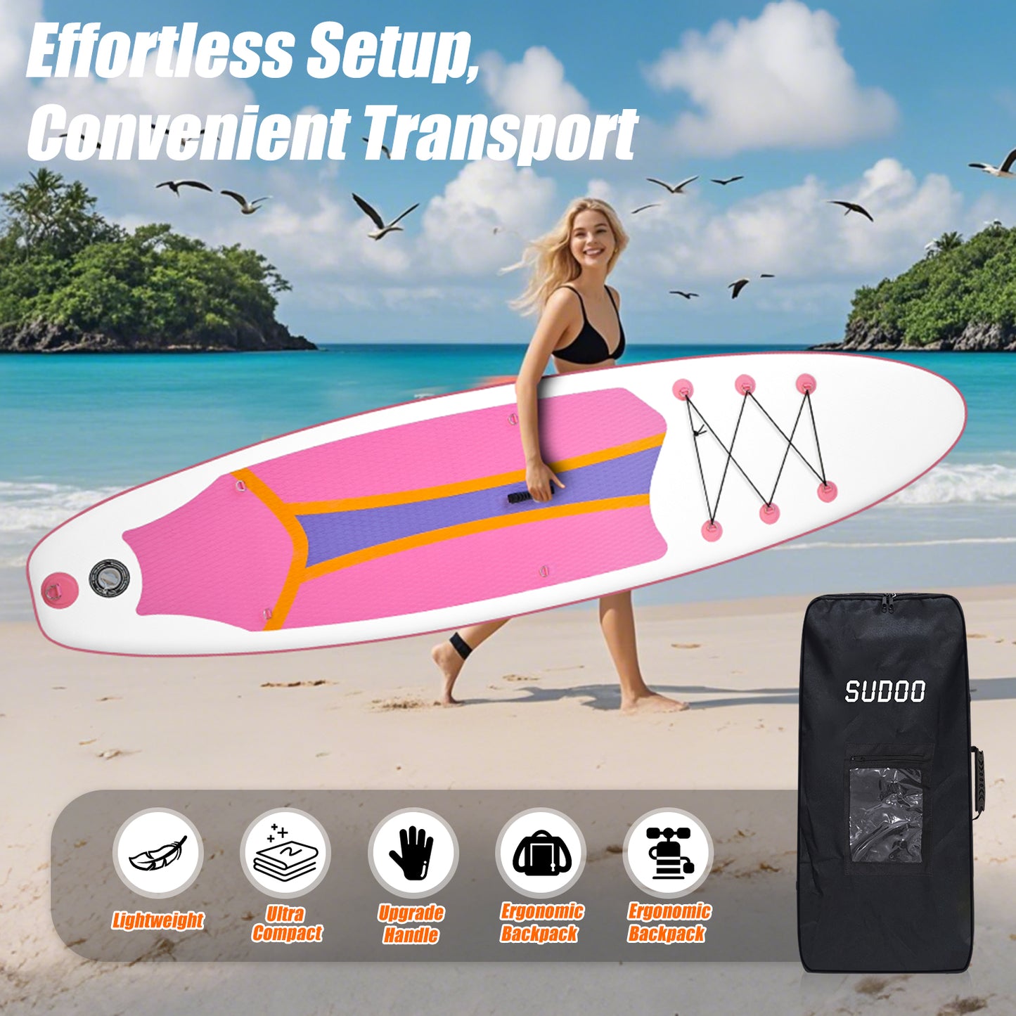 Sudoo All-Round 10' Inflatable Stand Up Paddle Board10'x30"- Ultra-Light SUP with Backpack, Pump, Paddle, Coil Leash, 3 Fins, Repair Kit, Stable Design, Non-Slip EVA Deck for Adults & Youth