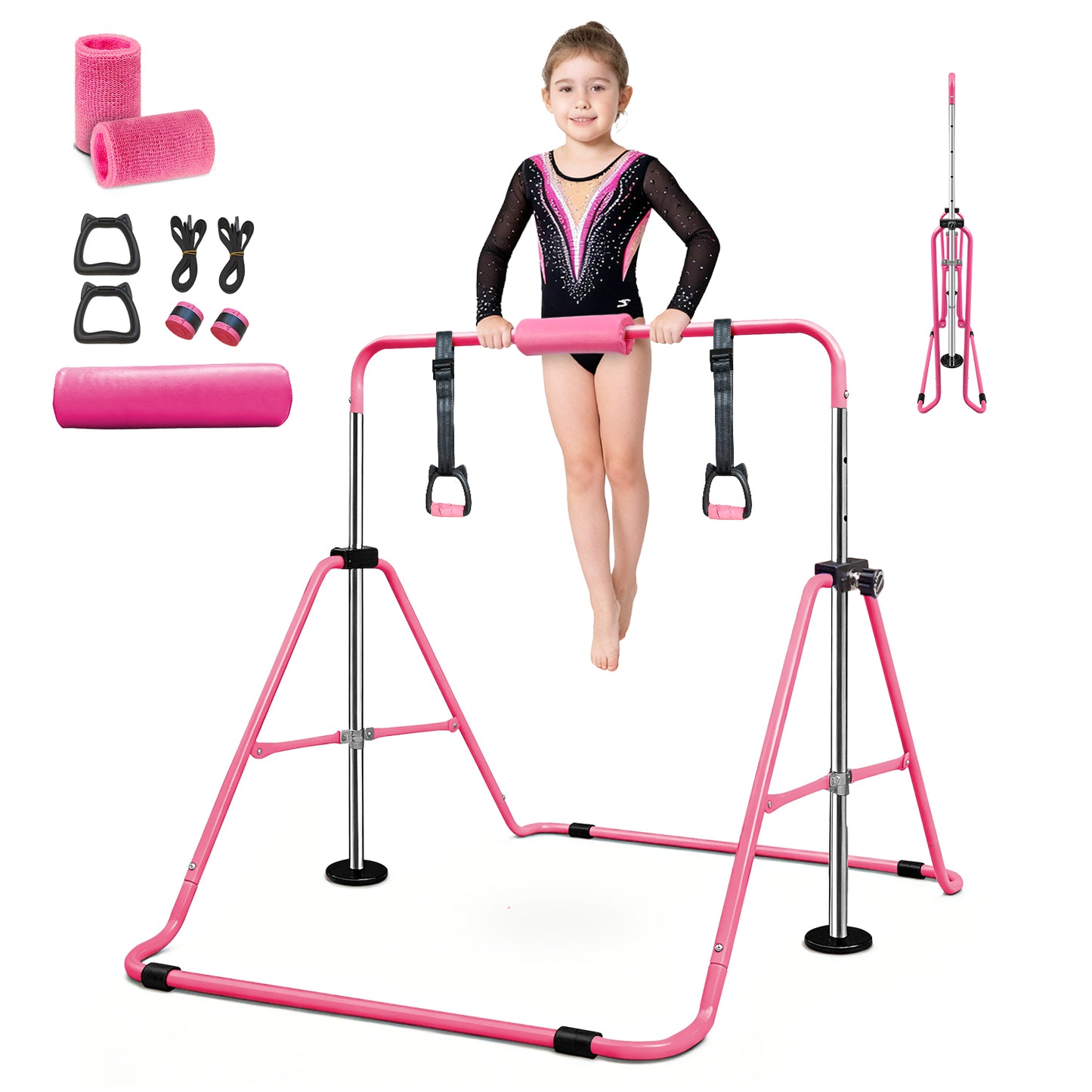 SUDOO Folding Gymnastics Bar for Kids Adjustable Height Home Expandable Horizontal Gymnastic